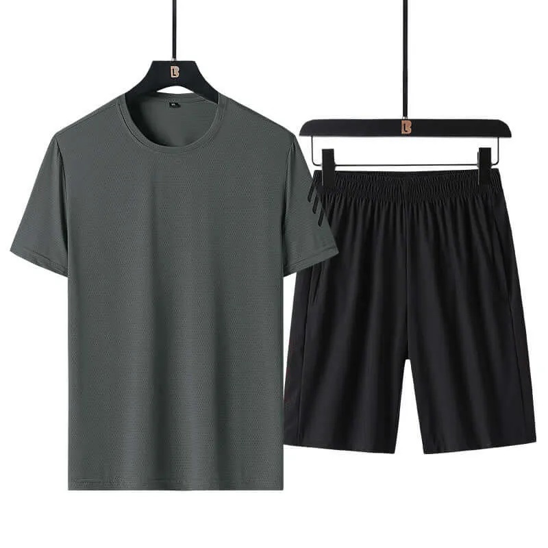 Sports set men's casual summer thin ice silk short sleeve shorts two-piece trend running sportswear men's clothing