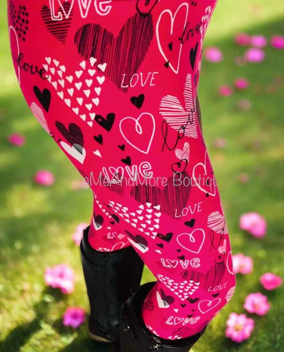 Womens Valentines Day Leggings, Pink Heart Leggings, Soft Yoga Pants, Sizes 0-20, Yoga Waist,   Pink/Black